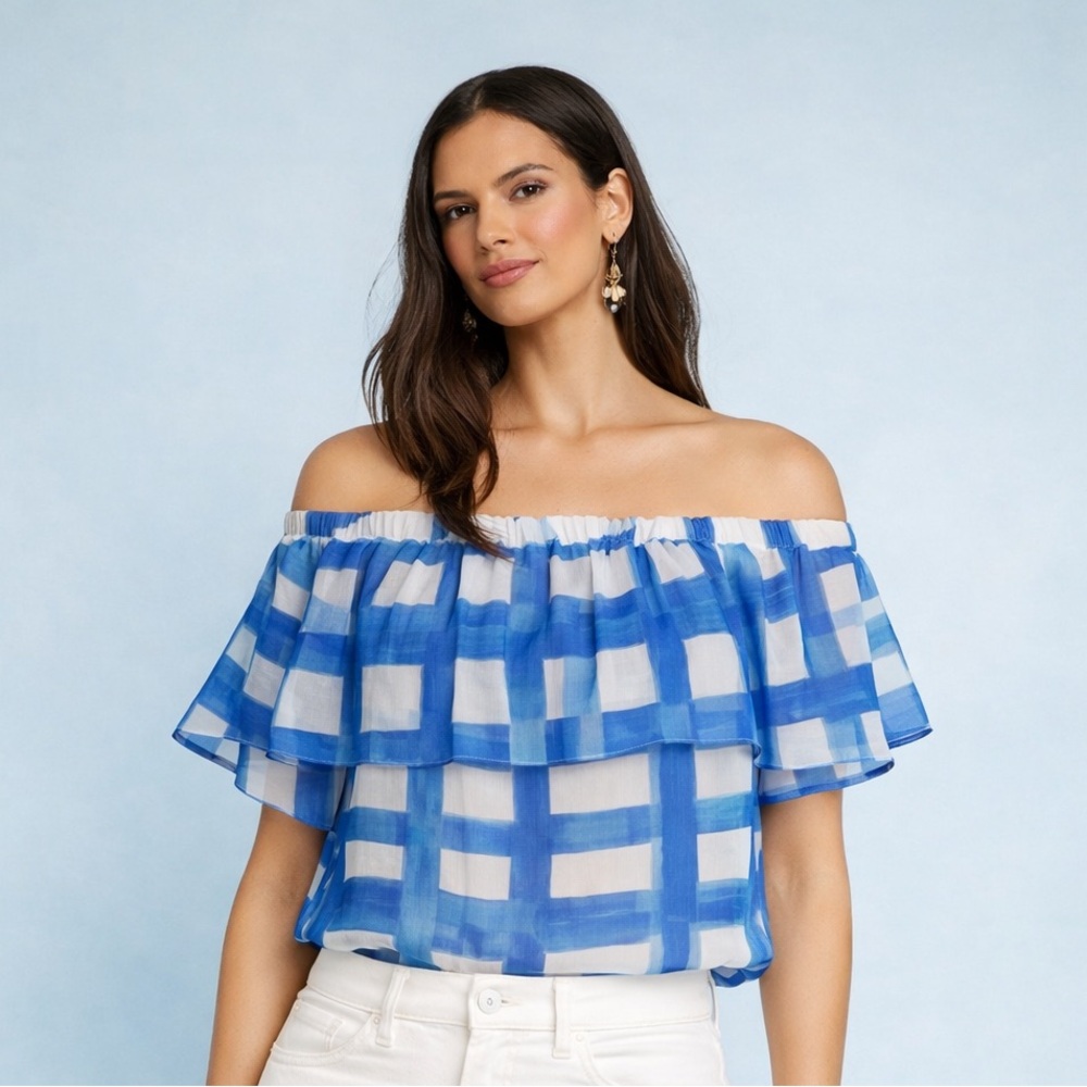 Marie Oliver Silk Off Shoulder Blouse Ocean Blue Print Small